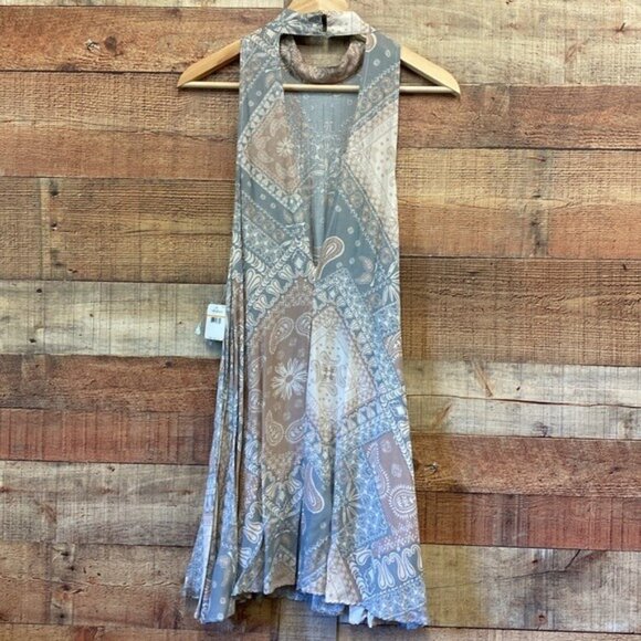 Free People Sleeveless Paisley Print Swing Dress Beige & Gray Boho Style NWT S - Picture 5 of 5